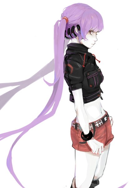 Anime picture 1000x1414 with original tinmoc single tall image fringe simple background standing white background twintails brown eyes purple hair very long hair profile bare belly midriff pale skin girl navel shorts bracelet