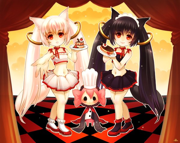 Anime picture 2143x1705 with mahou shoujo madoka magica shaft (studio) kyuubee charlotte (madoka magica) huazha01 looking at viewer blush highres short hair open mouth black hair smile red eyes twintails multiple girls animal ears pink hair cloud (clouds) white hair tail