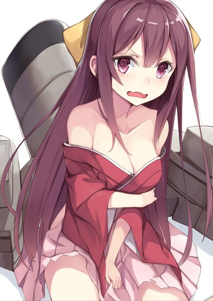 Anime picture 1240x1754 with kantai collection kamikaze destroyer mafu9 single long hair tall image looking at viewer blush fringe breasts open mouth light erotic black hair hair between eyes red eyes large breasts sitting purple eyes bare shoulders payot
