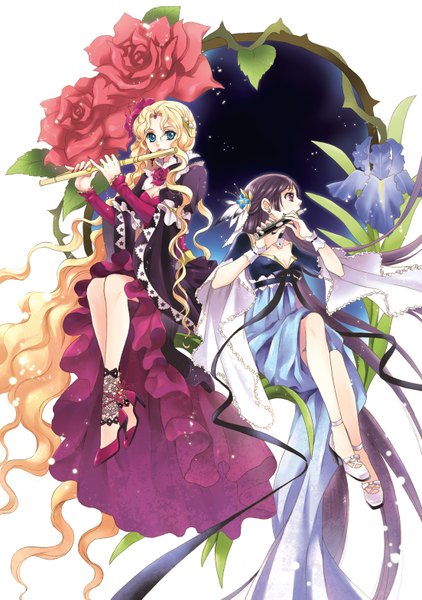Anime picture 1104x1569 with original mca (dessert candy) tall image blue eyes blonde hair purple eyes multiple girls purple hair very long hair nail polish hair flower girl dress hair ornament ribbon (ribbons) 2 girls rose (roses) jewelry musical instrument thorns