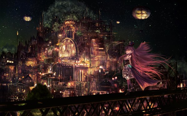 Anime picture 2000x1246 with original popopo single long hair looking at viewer highres open mouth wide image bare shoulders yellow eyes red hair night night sky light glow girl plant (plants) pantyhose tree (trees) building (buildings)