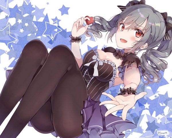 Anime picture 1947x1566 with idolmaster idolmaster cinderella girls kanzaki ranko kyou hotaru single long hair blush fringe highres open mouth light erotic hair between eyes red eyes sitting twintails signed payot cleavage :d grey hair