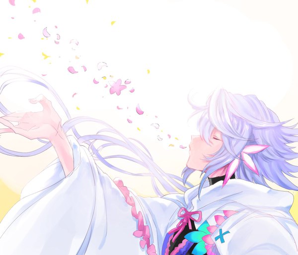 Anime picture 1400x1200 with fate (series) fate/grand order merlin (fate) takashi (onikukku) single long hair silver hair upper body eyes closed profile wind outstretched arm boy flower (flowers) petals