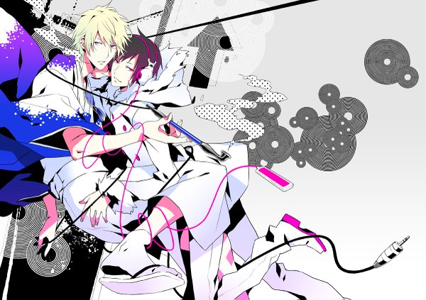 Anime picture 1200x847 with durarara!! brains base (studio) psychedelic dreams orihara izaya heiwajima shizuo mog (artist) short hair blue eyes black hair blonde hair smile japanese clothes pink eyes smoking boy kimono headphones wire (wires)