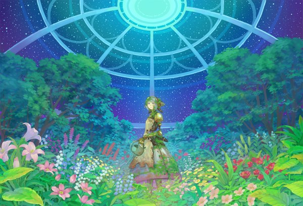 Anime picture 1024x698 with original hiko (scape) single looking at viewer fringe short hair standing holding sky hair flower green hair from below grey eyes mechanical parts girl hair ornament flower (flowers) plant (plants) tree (trees) star (stars)