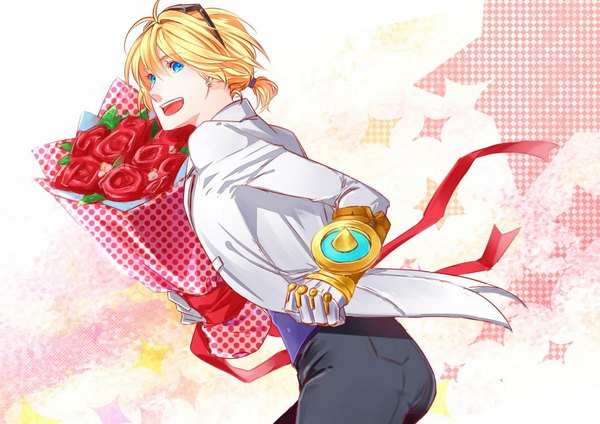 Anime picture 1062x752 with league of legends ezreal (league of legends) tagme (artist) single short hair open mouth blue eyes simple background blonde hair looking back happy boy gloves flower (flowers) rose (roses) sunglasses bouquet blazer jeans