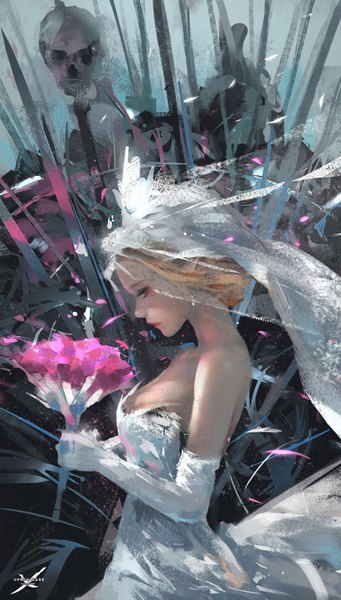 Anime picture 822x1445 with ghost blade wlop single tall image short hair blonde hair standing bare shoulders holding looking away profile sunlight orange eyes copyright name sleeveless looking down revision wedding girl dress