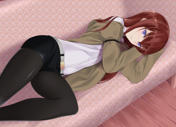 Anime picture 1400x1010 with steins;gate white fox makise kurisu single long hair blush blue eyes brown hair lying girl pantyhose shorts couch