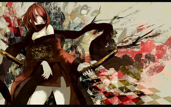 Anime picture 1152x720 with original hakus (pixiv) single fringe blue eyes wide image red hair nail polish japanese clothes lips hair over one eye letterboxed checkered girl sword belt kimono scarf katana knife