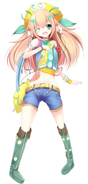 Anime picture 1675x3507 with original c.c. lemon c.c. lemon (character) sukage single long hair tall image blush open mouth simple background blonde hair white background green eyes one eye closed wink girl navel shorts boots