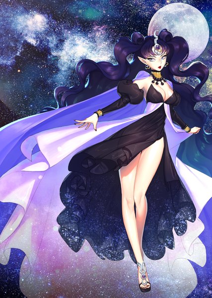 Anime picture 1200x1687 with bishoujo senshi sailor moon toei animation queen nehelenia jinial single long hair tall image purple hair nail polish aqua eyes pointy ears open clothes bare legs lipstick red lipstick space girl dress detached sleeves earrings