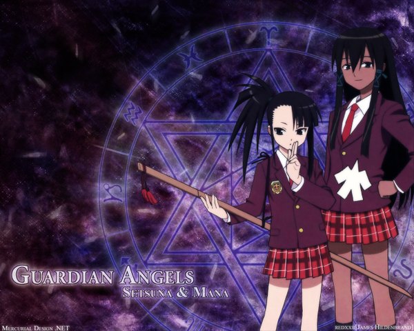 Anime picture 1280x1024 with mahou sensei negima! sakurazaki setsuna tatsumiya mana james hildenbrand (redxxii) akamatsu ken long hair looking at viewer black hair standing multiple girls signed pleated skirt light smile black eyes character names dark skin magic plaid skirt third-party edit hand to mouth