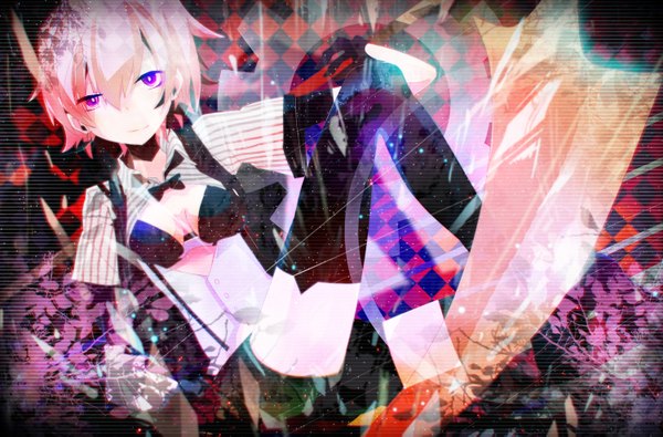 Anime picture 1500x989 with original vocaloid hoshima single short hair smile purple eyes white hair open clothes open shirt girl thighhighs black thighhighs earrings bowtie