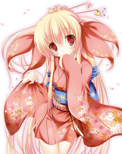Anime picture 1437x1810 with nozomi tsubame single long hair tall image looking at viewer blush blonde hair red eyes traditional clothes japanese clothes scan girl hair ornament bow hair bow petals kimono obi