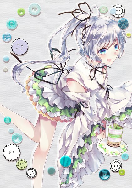 Anime picture 1259x1797 with touhou mononobe no futo ginzuki ringo single long hair tall image looking at viewer blush open mouth blue eyes silver hair ahoge ponytail from above girl ribbon (ribbons) hair ribbon detached sleeves frills buttons