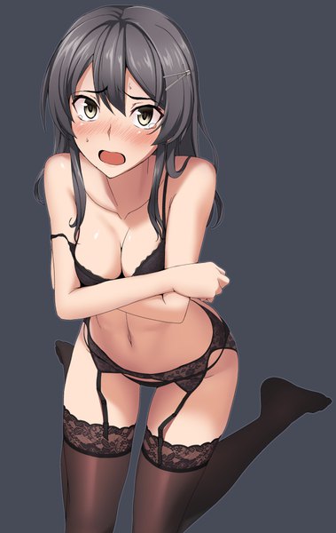Anime picture 652x1032 with kantai collection oyashio (kantai collection) sanhon single long hair tall image blush fringe breasts open mouth light erotic black hair simple background hair between eyes brown eyes cleavage from above grey background sweat embarrassed
