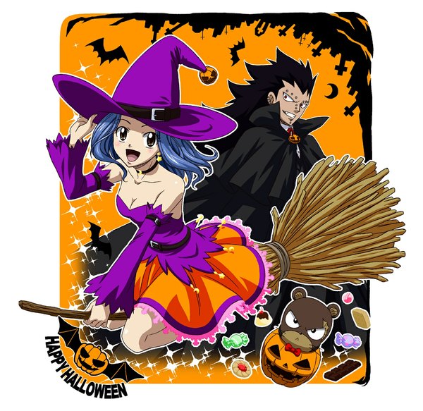 Anime picture 1131x1100 with fairy tail gajeel redfox levy mcgarden panther lily tagme (artist) long hair blush short hair black hair smile red eyes brown eyes blue hair halloween witch vampire happy halloween girl dress boy