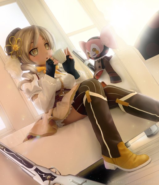 Anime picture 2000x2328 with mahou shoujo madoka magica shaft (studio) tomoe mami charlotte (madoka magica) novcel long hair tall image blush fringe highres open mouth blonde hair sitting twintails holding yellow eyes looking away bent knee (knees) indoors realistic