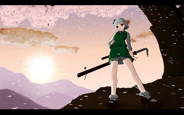 Anime picture 1920x1200 with touhou konpaku youmu highres short hair red eyes wide image silver hair hand on hip sheathed girl skirt sword katana skirt set