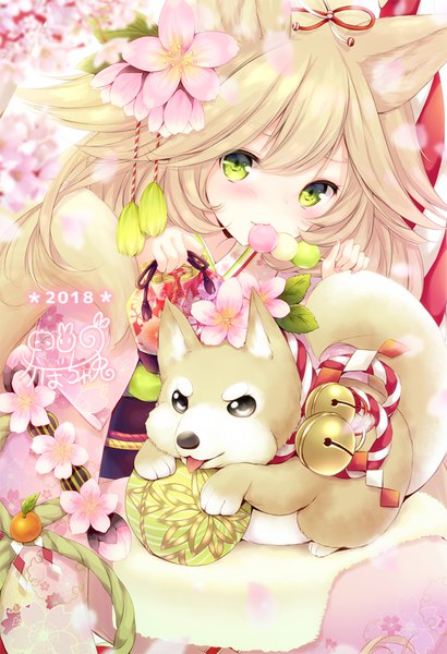 Anime picture 621x908 with original kabocha usagi single long hair tall image looking at viewer blush fringe blonde hair holding green eyes animal ears traditional clothes japanese clothes hair flower cherry blossoms eating new year cute 2018