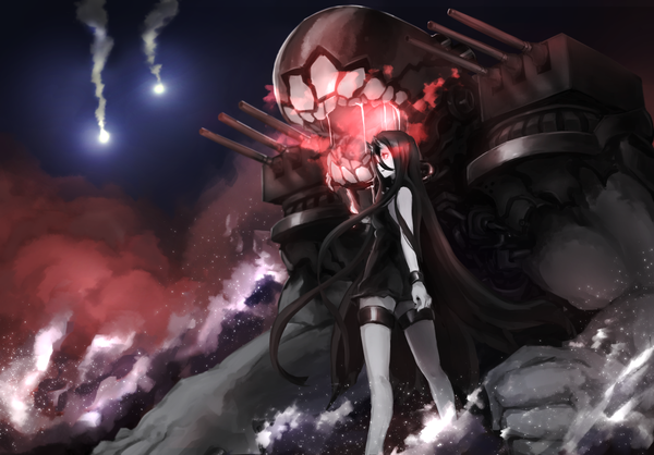Anime picture 1290x900 with kantai collection battleship-symbiotic hime weasel (close-to-the-edge) single open mouth black hair smile hair between eyes standing bare shoulders looking away very long hair horn (horns) glowing smoke glowing eye (eyes) saliva pale skin glow shinkaisei-kan