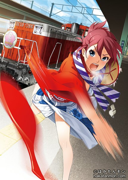 Anime picture 732x1024 with rail wars! sakurai aoi hakatanmon single tall image looking at viewer short hair open mouth blue eyes red hair traditional clothes japanese clothes girl kimono train