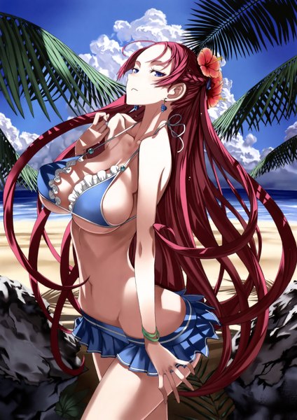 Anime picture 2100x2970 with valkyria chronicles juliana eberhardt honjou raita single long hair tall image highres breasts blue eyes light erotic large breasts sky cloud (clouds) red hair hair flower scan midriff beach girl navel