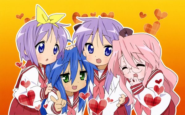 Anime picture 2560x1600 with lucky star kyoto animation izumi konata hiiragi kagami hiiragi tsukasa takara miyuki blush highres wide image girl