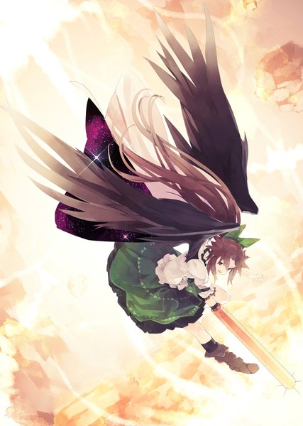 Anime picture 1516x2132 with touhou reiuji utsuho shihou (g-o-s) single long hair tall image open mouth black hair purple eyes arm cannon girl dress bow weapon hair bow wings