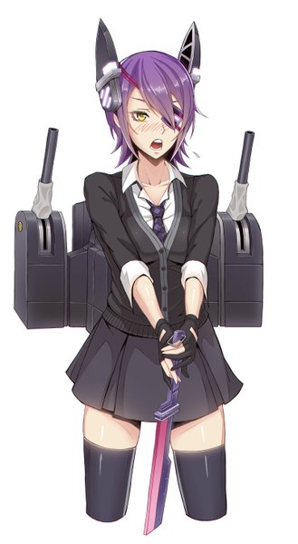 Anime picture 800x1456 with kantai collection tenryuu light cruiser hayate (leaf98k) single tall image blush short hair open mouth simple background white background yellow eyes purple hair girl thighhighs skirt gloves weapon black thighhighs sword necktie