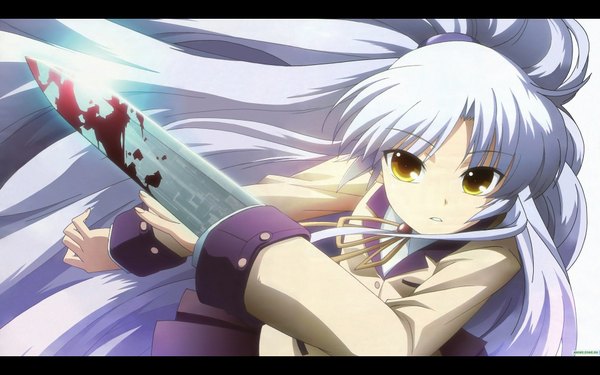 Anime picture 1920x1200 with angel beats! key (studio) tachibana kanade single looking at viewer highres wide image yellow eyes silver hair very long hair girl uniform weapon school uniform blood