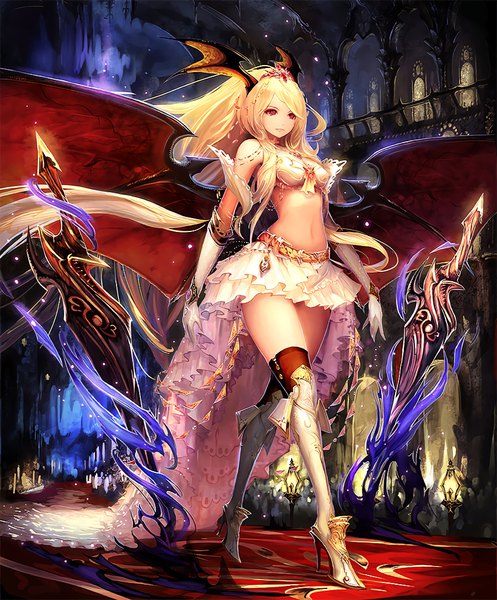 Anime picture 848x1024 with shingeki no bahamut shadowverse queen vampire (shadowverse) tachikawa mushimaro (bimo) single long hair tall image blonde hair red eyes bare shoulders looking away full body indoors bare belly midriff high heels zettai ryouiki demon girl fantasy walking