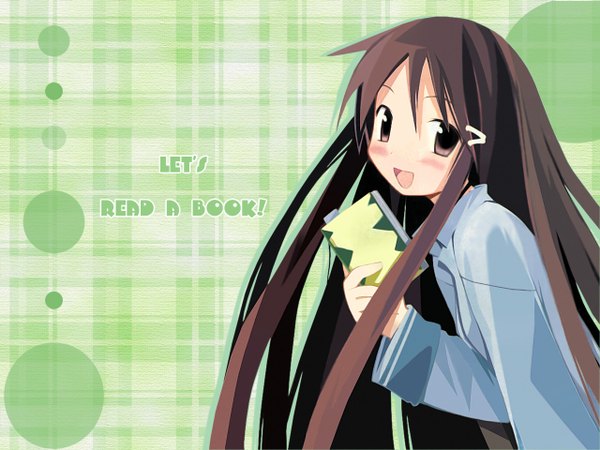 Anime picture 1280x960 with hanbun no tsuki ga noboru sora akiba rika yamamoto keiji single long hair looking at viewer blush smile brown hair brown eyes girl hair ornament book (books) hairpin (hairpins)