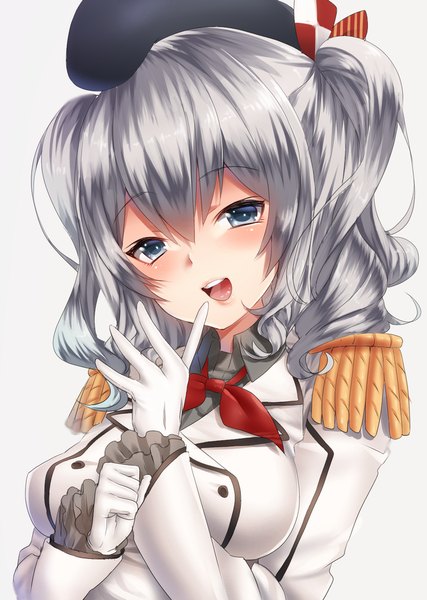 Anime picture 700x983 with kantai collection kashima training cruiser keita (tundereyuina) single long hair tall image looking at viewer blush blue eyes simple background white background silver hair girl gloves uniform white gloves beret epaulettes
