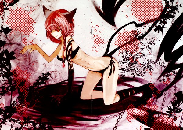 Anime picture 4225x2996 with touhou kaenbyou rin duca single highres light erotic red eyes animal ears absurdres red hair tail braid (braids) twin braids multiple tails girl swimsuit bikini tongue blood chain