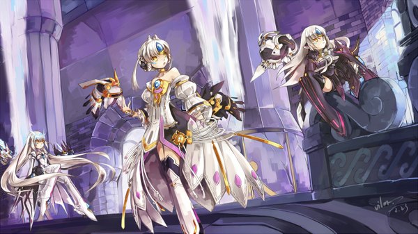 Anime picture 1500x843 with elsword eve (elsword) code battle seraph code empress code nemesis vilor vilor no tsuki long hair open mouth wide image standing sitting bare shoulders multiple girls signed yellow eyes looking away white hair very long hair multiple persona