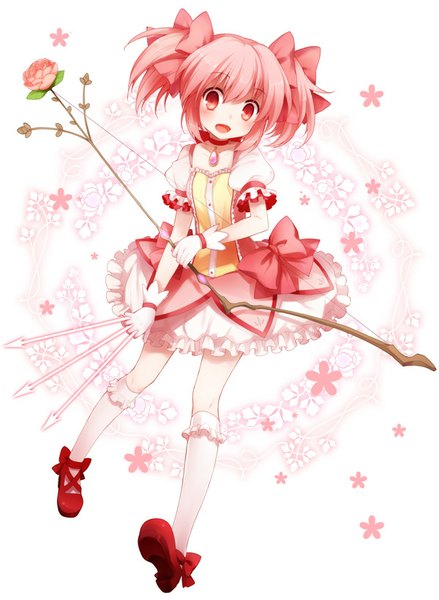 Anime picture 600x820 with mahou shoujo madoka magica shaft (studio) kaname madoka koto (colorcube) single tall image blush short hair open mouth smile white background twintails pink hair :d pink eyes short twintails girl dress gloves flower (flowers)