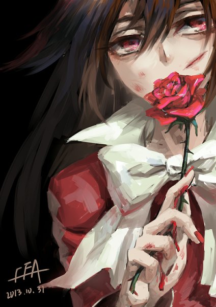 Anime picture 800x1131 with pandora hearts xebec alice (pandora hearts) cea single long hair tall image simple background red eyes brown hair looking away nail polish fingernails black background girl flower (flowers) bowtie rose (roses) blood thorns