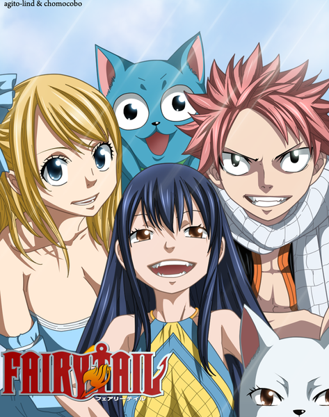 Anime picture 1024x1299 with fairy tail lucy heartfilia natsu dragneel wendy marvell happy (fairy tail) charle (fairy tail) aagito tall image open mouth blue eyes smile bare shoulders multiple girls brown eyes sky cloud (clouds) black eyes sunlight inscription grin