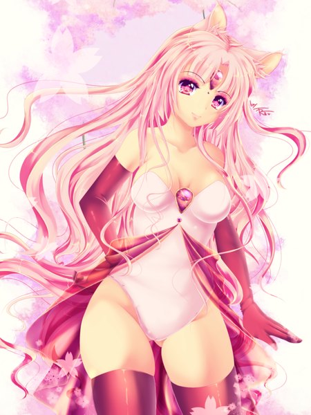 Anime picture 1772x2362 with original cerise (original) shinaishadow single long hair tall image highres light erotic smile bare shoulders animal ears pink hair pink eyes cat ears hand on hip girl thighhighs gloves black thighhighs black gloves