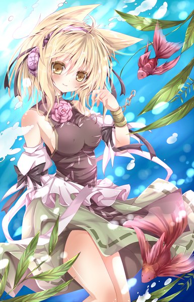 Anime picture 1234x1919 with touhou toyosatomimi no miko nanase nao single tall image looking at viewer blush short hair blonde hair standing bare shoulders animal ears yellow eyes light smile underwater girl skirt plant (plants) detached sleeves miniskirt