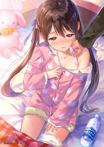 Anime picture 700x988 with original hanekoto tall image fringe light erotic hair between eyes brown hair sitting twintails brown eyes signed long sleeves off shoulder sweat twitter username sweatdrop pov sick fever girl