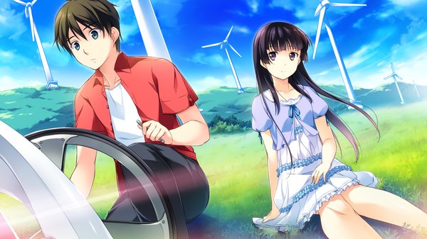 Anime picture 2048x1152 with kono oozora ni tsubasa wo hirogete habane kotori long hair highres short hair blue eyes black hair wide image sitting brown eyes game cg girl boy sundress wind turbine