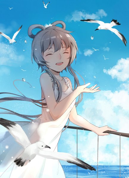 Anime picture 1417x1958 with vocaloid vocaloid china luo tianyi yun (ljw893053278) single long hair tall image looking at viewer fringe hair between eyes twintails holding cloud (clouds) outdoors wind grey hair shadow sleeveless low twintails cherry blossoms