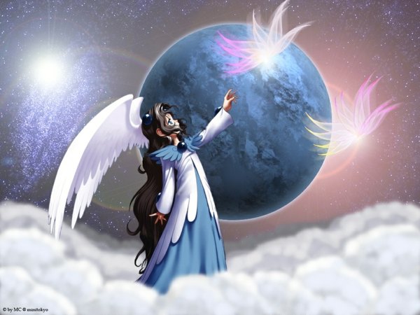 Anime picture 1024x768 with card captor sakura clamp tagme (character) sky cloud (clouds) very long hair angel wings space angel girl star (stars) planet