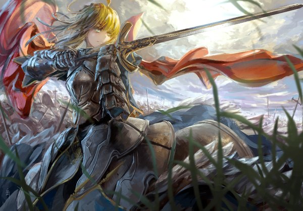 Anime picture 1440x1007 with fate (series) fate/stay night studio deen type-moon artoria pendragon (all) saber archlich single long hair blonde hair green eyes sky cloud (clouds) girl plant (plants) sword armor grass gauntlets
