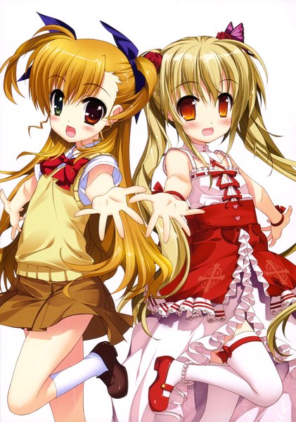 Anime picture 2876x4101 with mahou shoujo lyrical nanoha takamachi vivio fujima takuya long hair tall image looking at viewer blush highres open mouth blonde hair white background twintails multiple girls scan loli orange eyes two side up heterochromia girl thighhighs