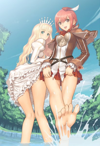 Anime picture 2109x3067 with shining (series) shining tears clalaclan philias kanon seena tony taka long hair tall image looking at viewer highres short hair open mouth blue eyes light erotic blonde hair multiple girls red hair barefoot scan bare legs girl