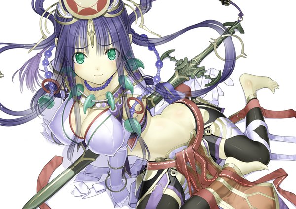 Anime picture 2047x1447 with sengoku collection nakabayashi reimei long hair highres breasts light erotic simple background large breasts green eyes purple hair traditional clothes barefoot midriff legs girl hair ornament weapon sword