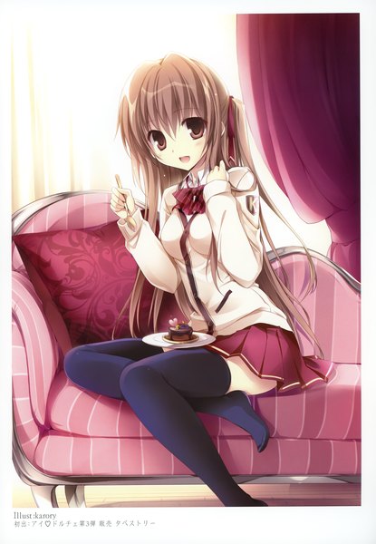 Anime picture 2406x3475 with original karory single long hair tall image looking at viewer blush highres open mouth red eyes brown hair sitting scan girl thighhighs skirt black thighhighs sweets couch cake